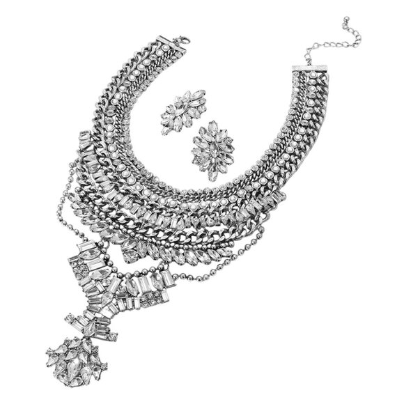 NEW Maximum Bling Platinum or Gold CZ & Rhinestone Bib Necklace & Earrings SET - Picture 2 of 3